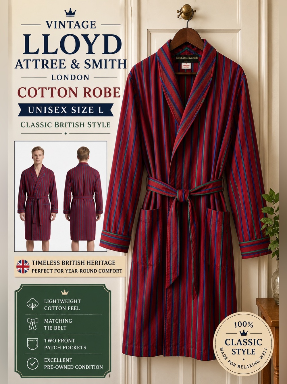 Vintage Lloyd Attree & Smith Cotton Dressing Gown Robe L Red Stripe